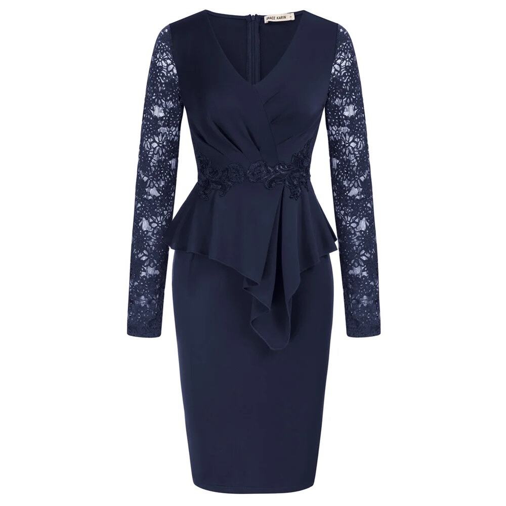 Grace Karin Elegant Knee Length Peplum Dress Lace Long Sleeve V-Neck Size 2XL